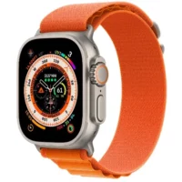 SEO-friendly alt text for the image: Apple Watch Ultra GPS + Cellular with 49mm Titanium Case and Orange Alpine Loop - Medium.