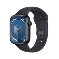 High-resolution image of the Apple Watch Series 9 GPS in Midnight Aluminum with Midnight Sport Band. This image showcases the product from a top-down view, providing a clear representation of its design and features. Ideal for customers in the Middle East, this Apple Watch is an excellent choice for tracking activities and staying connected throughout the day.