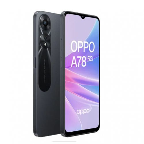 Image showcasing the Oppo A78 smartphone in Black color with 8GB RAM, 256GB ROM, 4G connectivity, and Dual SIM capability