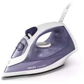 SEO-friendly alt text for the image: A purple Philips steam iron with a 3-pin plug